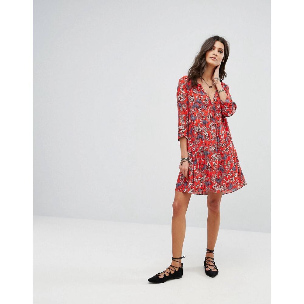 ba&sh Women's Red Floral Boho Babydoll Floral Print Smocked Mini Dress Size 2